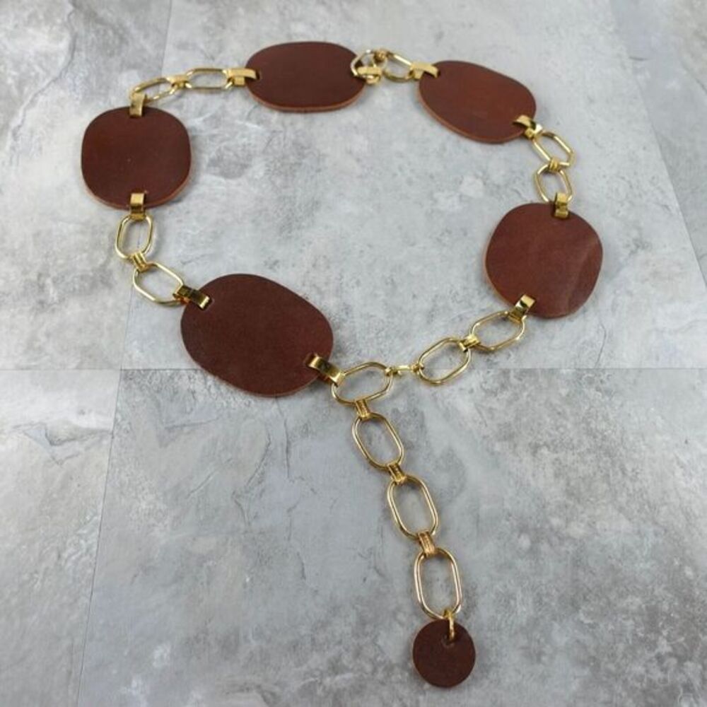VINTAGE Festival Boho Gold Chain Waist Belt Womens Small Brown Leather Medallion